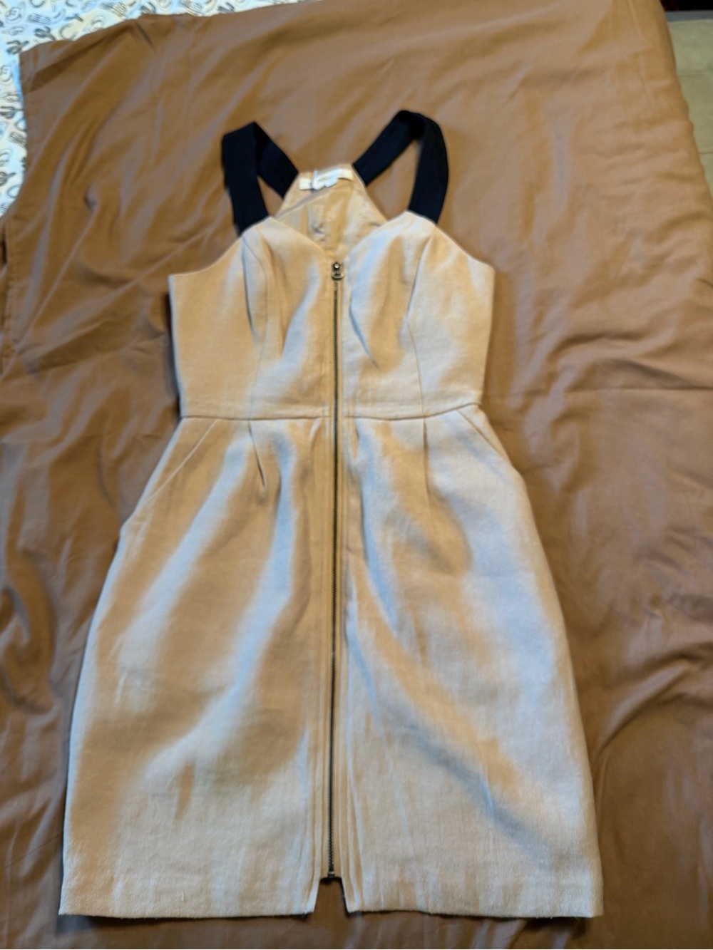 BCBGeneration Beige Dress with Black Straps and Front Zip